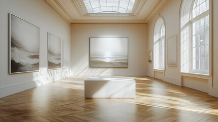 Fototapeta premium A bright art gallery with large windows, featuring minimalist paintings on white walls and a sleek display table in the center, creating a serene atmosphere.