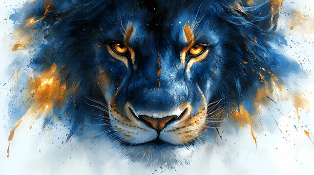 Majestic blue lion with intense eyes, surrounded by vibrant splashes of color, symbolizing power and creativity.