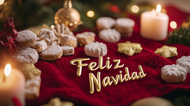 Golden 'Feliz Navidad' on Red with Traditional Holiday Treats