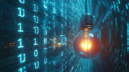 luminous light bulb illuminates digital background filled with binary code, creating ethereal atmosphere. interplay of light and technology evokes sense of innovation and creativity