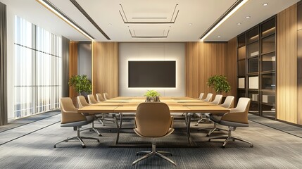 Fototapeta premium Empty table and chairs for conference room, corporate company and meeting boardroom in law firm building. Vacant, furniture and seats for luxury office or workplace, interior and clean modern design