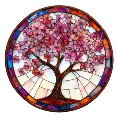 Stained Glass Window Art Featuring Vibrant Floral Tree in Circular Design with Pink Blossoms