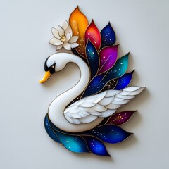 Elegant Stained Glass Swan Art with Colorful Galaxy Feather Design