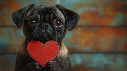 Cute pug holding a red heart symbol in its mouth