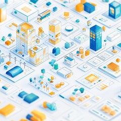 Isometric Illustration of a Modern Cityscape with Buildings, Trees, and Data Visualization Elements