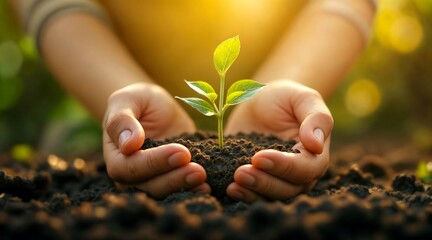Fototapeta premium Eco Earth Day Concept: Hand Holding Young Plant in Sunshine and Green Nature