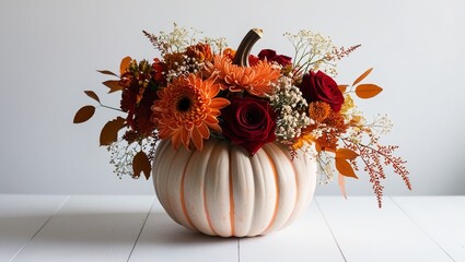 Pumpkin vase filled with vibrant autumn flowers, isolated on white. Perfect for Thanksgiving and fall-themed centerpieces or seasonal decor projects.