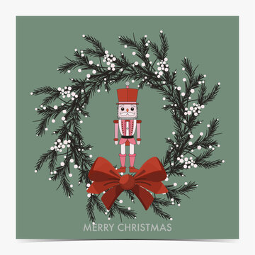 Merry Christmas - cute greeting card, postcard, invitation with pink and red Christmas nutcracker inside of the wreath, green background, vector illustration