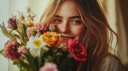 Naklejka premium Elegant woman with long hair holding a vibrant bouquet of fresh flowers, generative ai