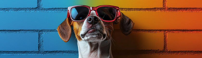 stylish dog wearing red sunglasses poses against vibrant blue and orange brick wall, exuding cool and relaxed vibe. This playful scene captures essence of fun and leisure