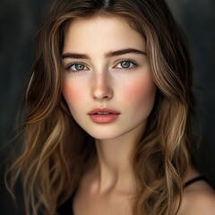 Fototapeta premium Portrait of a young woman with freckles and light brown hair.