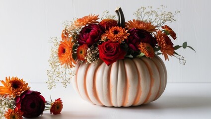 Pumpkin vase filled with vibrant autumn flowers, isolated on white. Perfect for Thanksgiving and fall-themed centerpieces or seasonal decor projects.