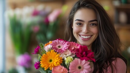 Naklejka premium Elegant woman with long hair holding a vibrant bouquet of fresh flowers, generative ai