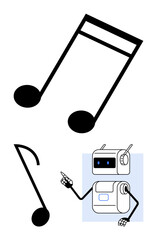 Musical notes and an animated robot pointing upward. Ideal for music, education, technology, learning, innovation, creativity, and teaching. Line metaphor
