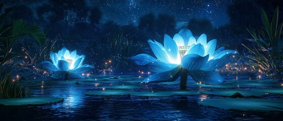 tranquil nighttime scene featuring giant blue lotus flowers illuminated by soft light, reflecting beautifully on calm water surface. serene atmosphere is enhanced by starry sky and gentle ripples