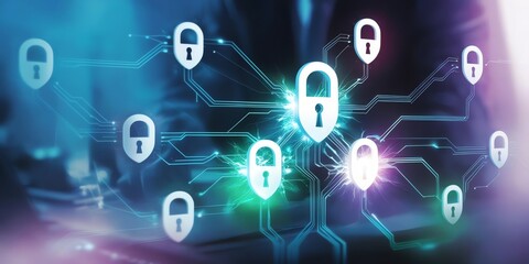 Obraz premium An abstract digital network with glowing encryption keys and shield icons, representing strong digital protection across interconnected systems. 9