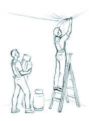 Pencil drawing. Master stretches suspended ceilings