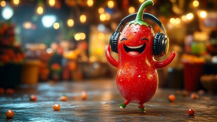 Happy red chili pepper character with headphones in festive atmosphere