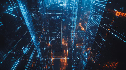 Fototapeta premium Smart digital Innovation Business skyscrapers in the Financial District with connection network reciprocity over the cityscape. of future smart wireless digital city and social media networking