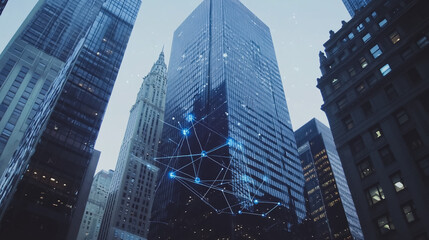 Fototapeta premium Smart digital Innovation Business skyscrapers in the Financial District with connection network reciprocity over the cityscape. of future smart wireless digital city and social media networking
