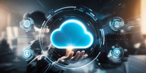 Obraz premium An abstract representation of cloud services, with a glowing cloud icon and various digital symbols representing data sharing, security, and access. 3