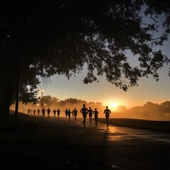 Silhouetted runners in morning mist at sunrise.