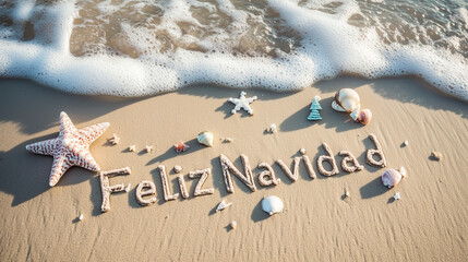 Feliz Navidad Written in Sand with Seashells and Starfish on a Sunny Beach