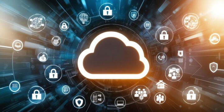 An abstract representation of cloud services, with a glowing cloud icon and various digital symbols representing data sharing, security, and access. 4