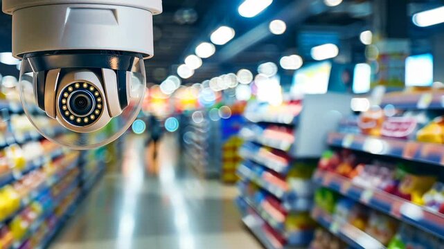 Close up of a security camera with a blurred supermarket hall in the background.
