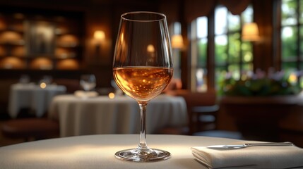 Obraz premium Glass of amber wine on table in restaurant.