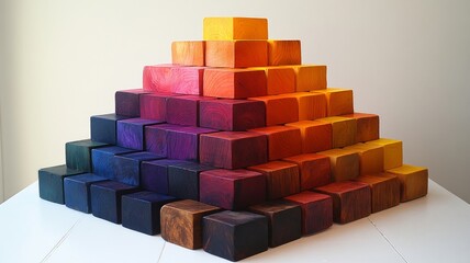 Colorful wooden blocks stacked into a pyramid shape on a table