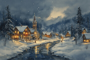 A winter evening in a small village surrounded by snowy mountains and forest. 