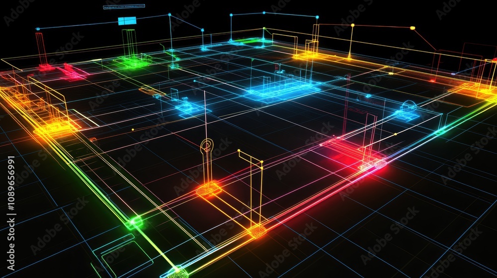 Poster vibrant neon wireframe blueprint of a modern building layout with distinctive rooms and structural f