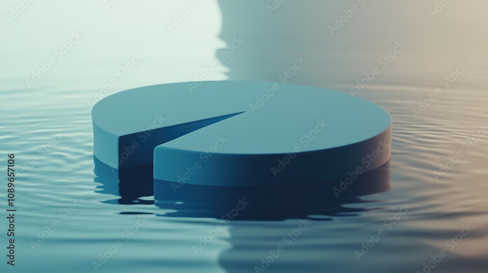 Poster a 3d pie chart representation floating on water with soft reflections and an artistic background ide
