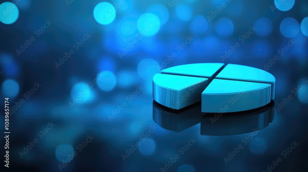 Poster abstract blue pie chart on a soft focus background with bokeh lighting and reflections for data pres