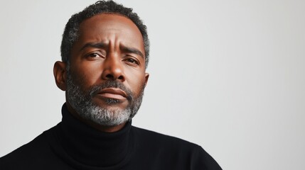 Obraz premium A serious middle-aged man with a gray beard wearing a black turtleneck against a light background.