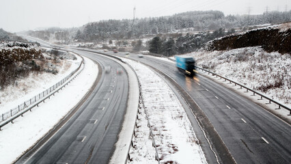 Long exposure image of the A465 Heads of the Valley road near Ebbw Vale in a winter snow storm