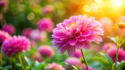 Fototapeta premium Tilt-shift captures a blooming flower close-up, pink hues.