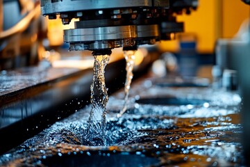 Water flows from machinery during precision manufacturing process at night. Generative AI