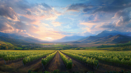 beautiful vineyard landscape with rows of grapevines under colorful sky