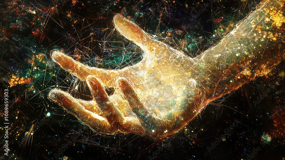 Wall mural digital hand in abstract art style with network of light