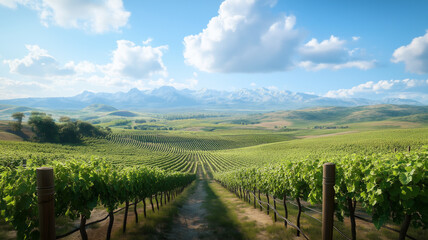 Fototapeta premium Breathtaking vineyard landscape with rolling hills and mountains in background
