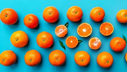 Fruit pattern of fresh orange tangerine or mandarin on blue background. Flat lay, top view. Pop art...