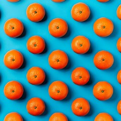 Fruit pattern of fresh orange tangerine or mandarin on blue background. Flat lay, top view. Pop art...