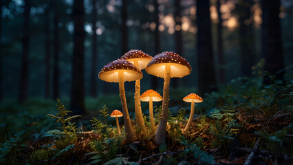 Fototapeta premium AI-generated image of luminous mushrooms in a forest at dusk. stock photo.
