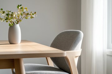 scandinavian dining room, a welcoming scandinavian dining room featuring light wood furniture, soft gray textiles, and vibrant greenery, glowing in golden sunlight