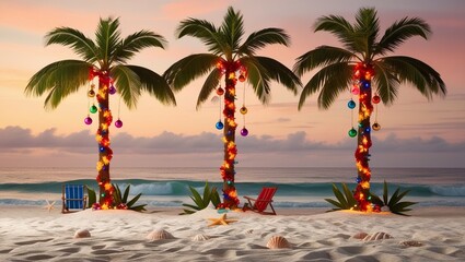 Palm trees decorated with Christmas lights against a tropical beach sunset. Concept of holiday celebrations in warm, tropical climates.