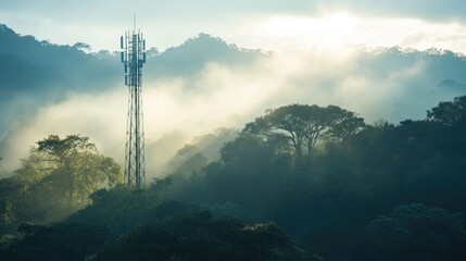 Obraz premium Tower Surrounded by Lush Green Trees and Misty Mountains During Sunrise, Creating a Serene Landscape with Soft Light and Atmospheric Conditions
