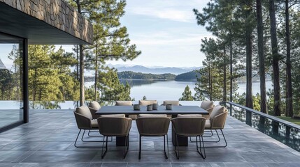 Fototapeta premium photography of a modern outdoor dining table with comfy beige chairs in a black wood terrace, overlooking a puerto varas lake and pine trees. The view is of calm water 