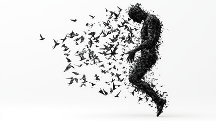 Transformative art installation human form evolving into birds urban gallery digital art white space conceptual perspective